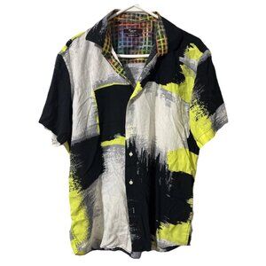 Mizumi Black Neon Yellow Geometric Button Down Shirt Size XL